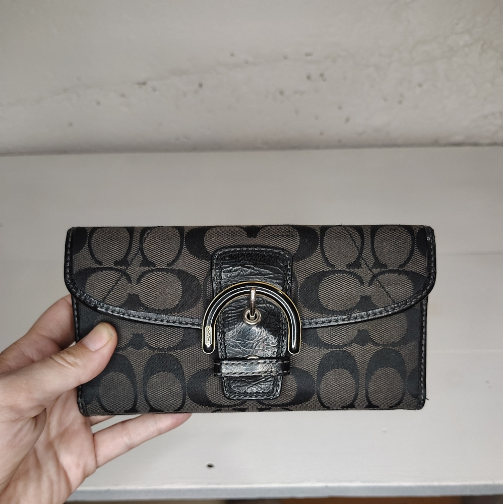 Coach Soho Wallet With Checkbook Cover Black Canvas And Patent Leather
